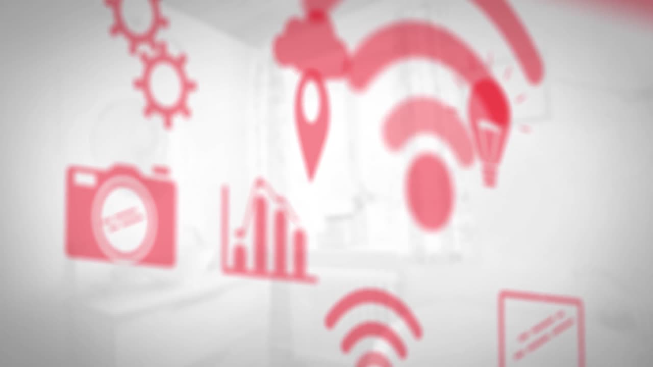 animación de múltiples iconos rojos sobre un fondo abstracto