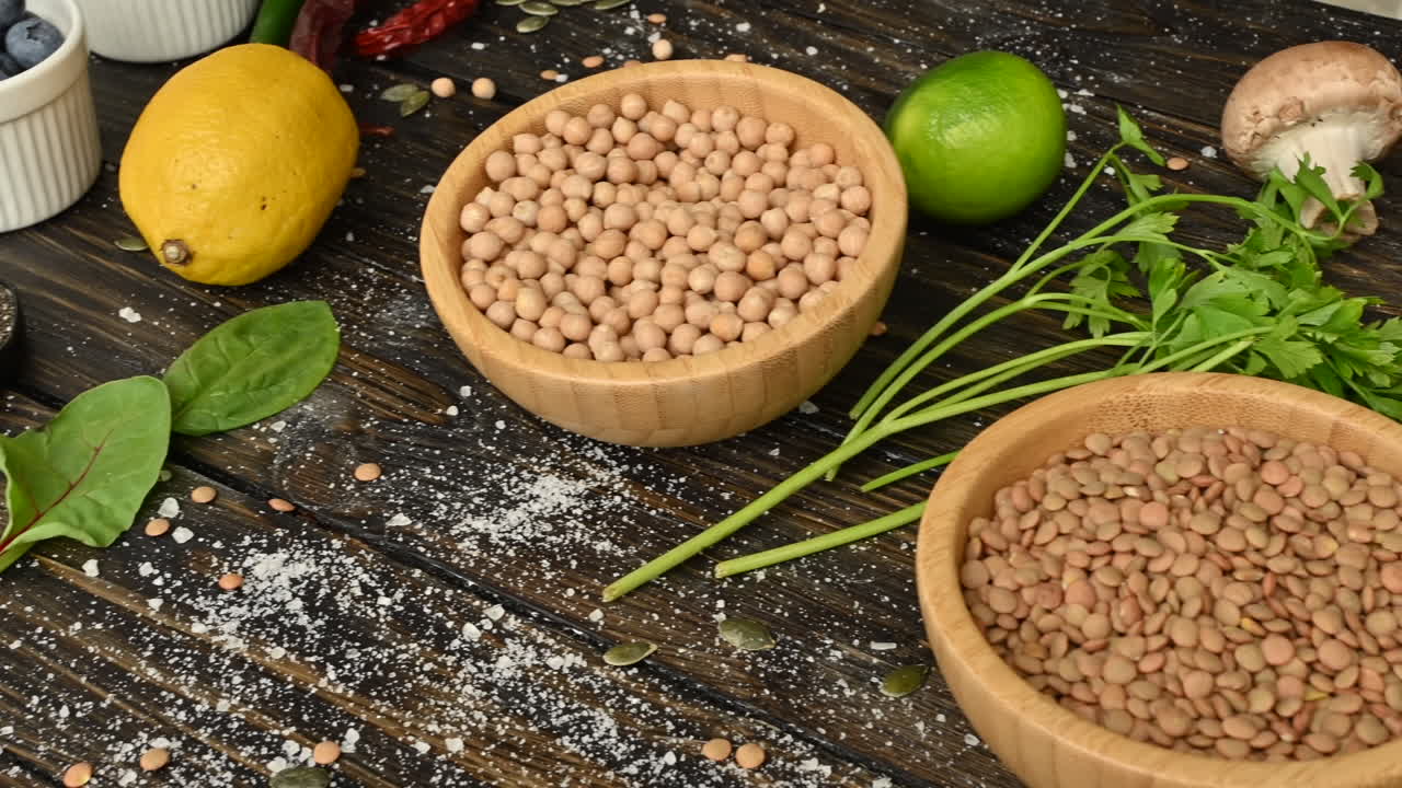 Diversi tipi di frutta, verdura e fagioli su una superficie in legno