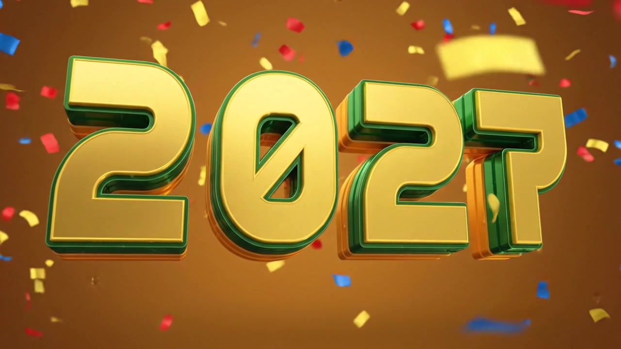 Motion graphic con numero decorativo 2027 e tipografia audace verde e gialla.