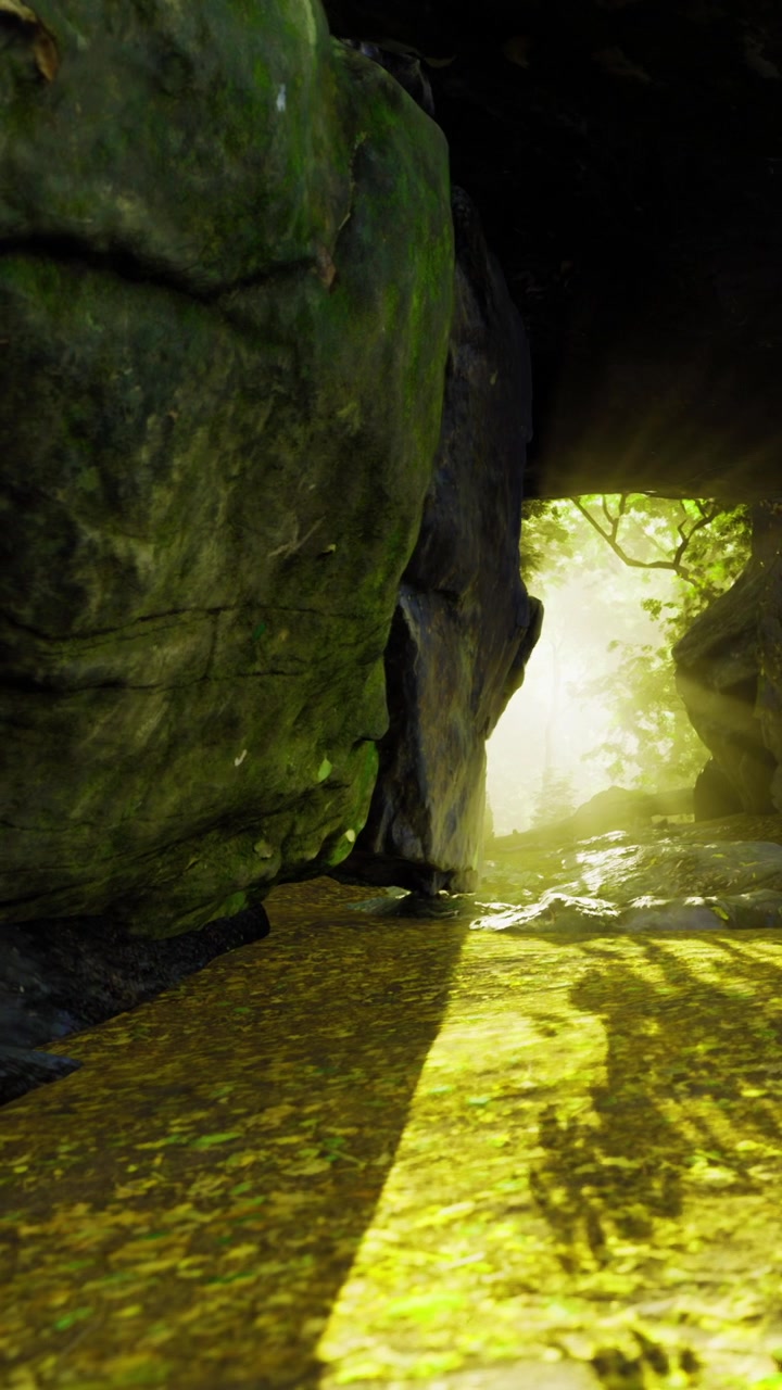 Una scena naturale mostra uno stretto passaggio con luce e acqua che scorre a mezzogiorno