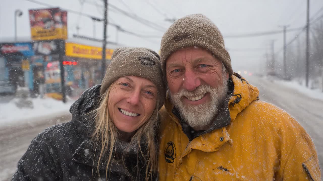 Two Smiling Faces Braving the Snowy Blizzard in Cozy Winter Gear, Captured in Frigid Conditions Amid Heavy Snowfall and Blustery Winds