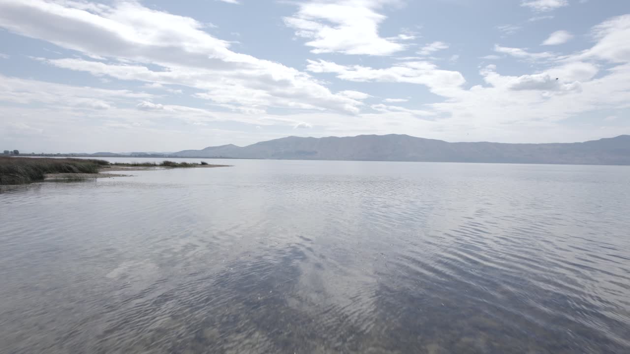 알바니아의 스카다르 호수 위에 드론이 있는 비디오, 몬테네그로 산의 지평선과 함께 전진하는 설명적인 정면 평면