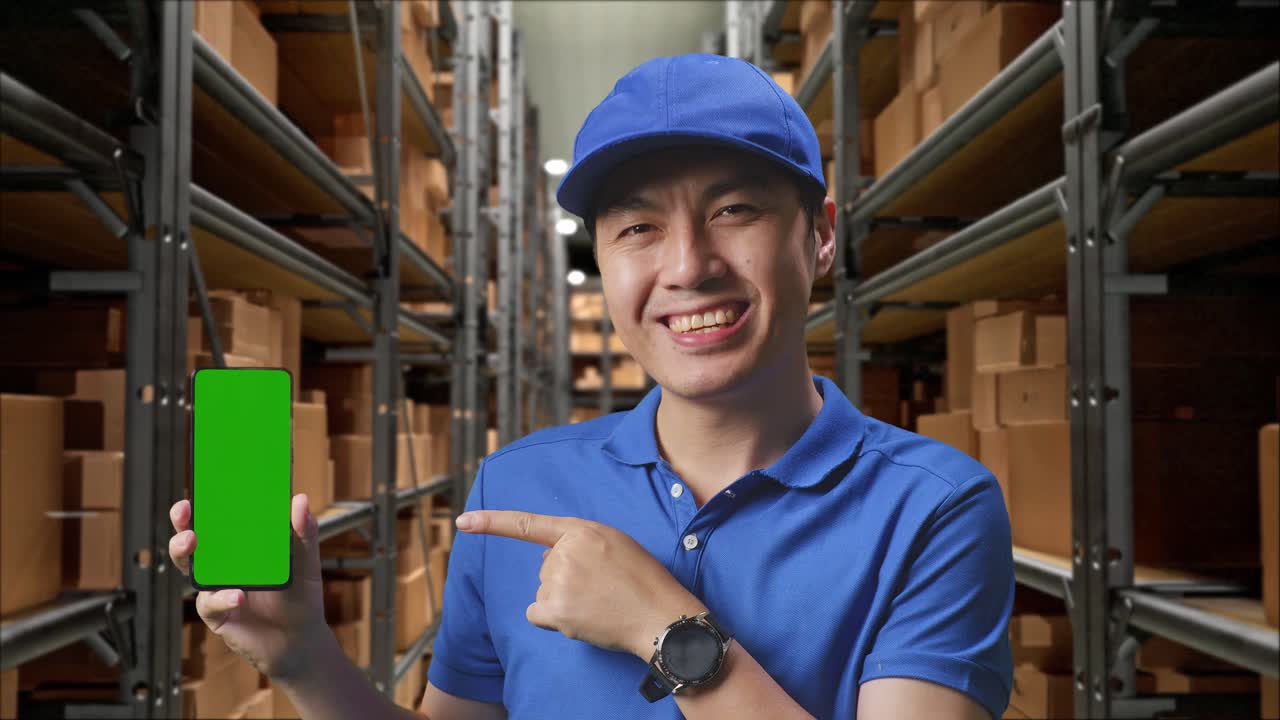 close up de mensajero masculino asiático en uniforme azul sonriendo y señalando a la pantalla verde del teléfono inteligente mientras está de pie en el almacén