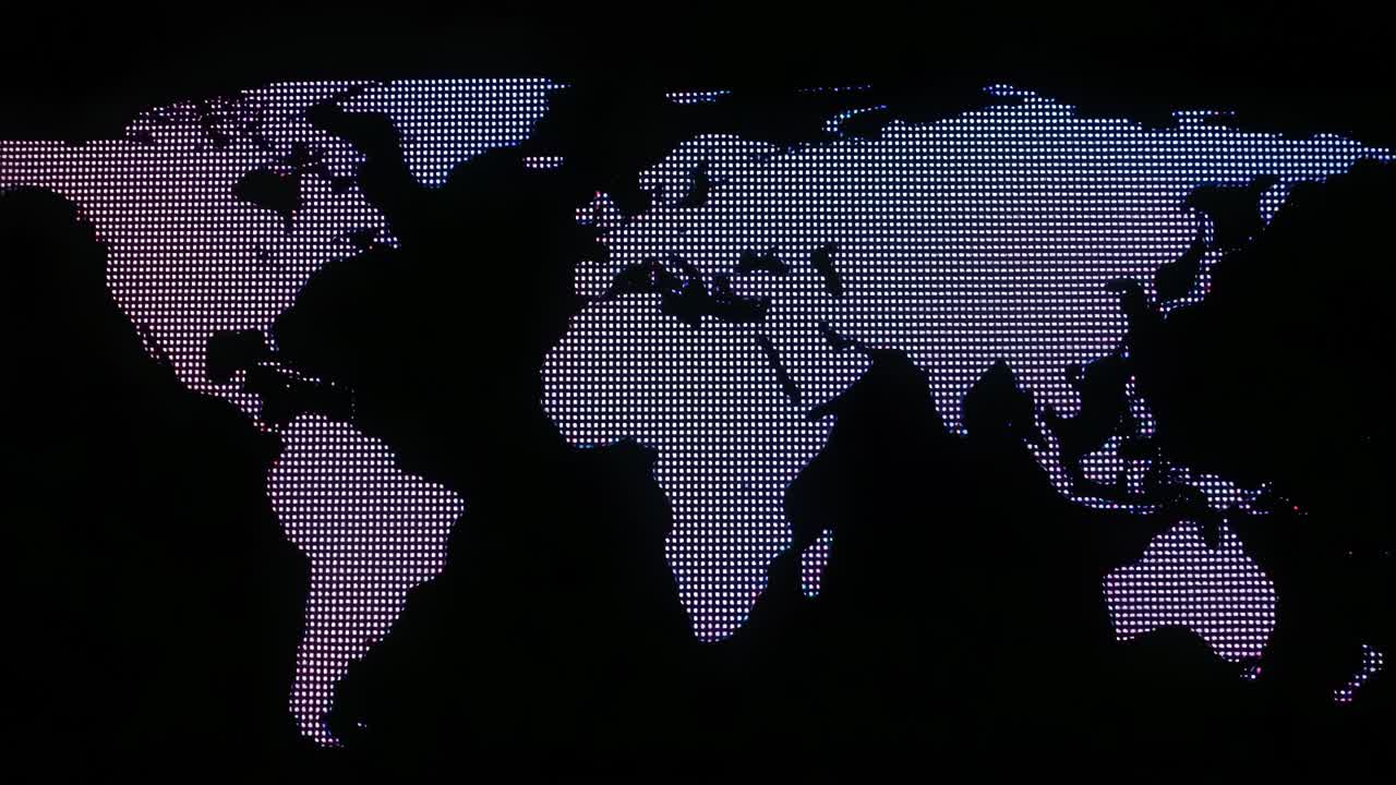 Powering up LED dot-matrix world map panel and pulsing brightness across continents in display room