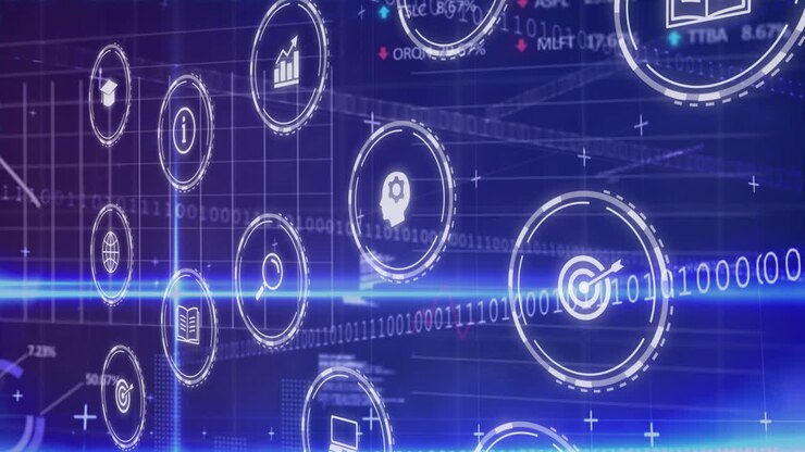 Digital icons and binary code animation over blue technological background