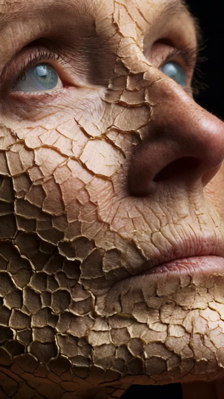 A striking transformation captured in two frames, showcasing the intricate details of a textured, cracked facial surface that elicits emotion and thought