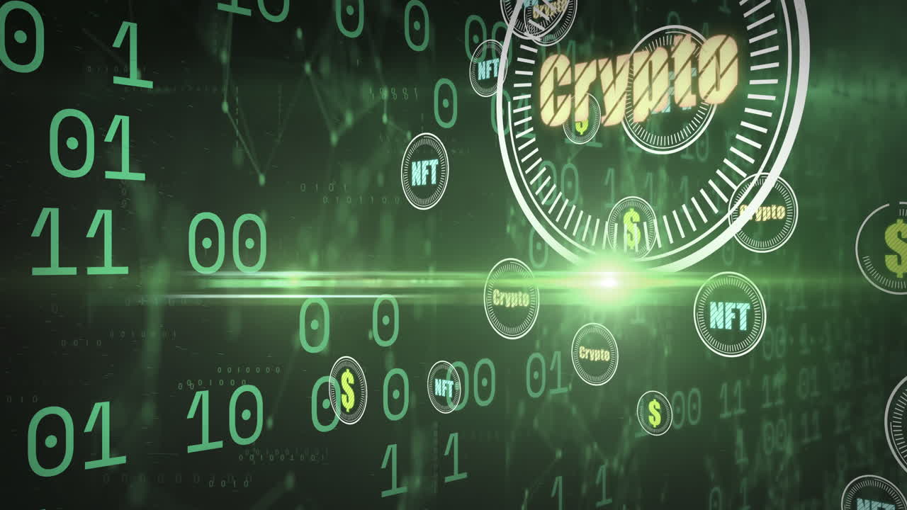 바이너리 코딩, 통화 및 암호화폐 기호의 줄이 녹색 배경에 움직이는 애니메이션