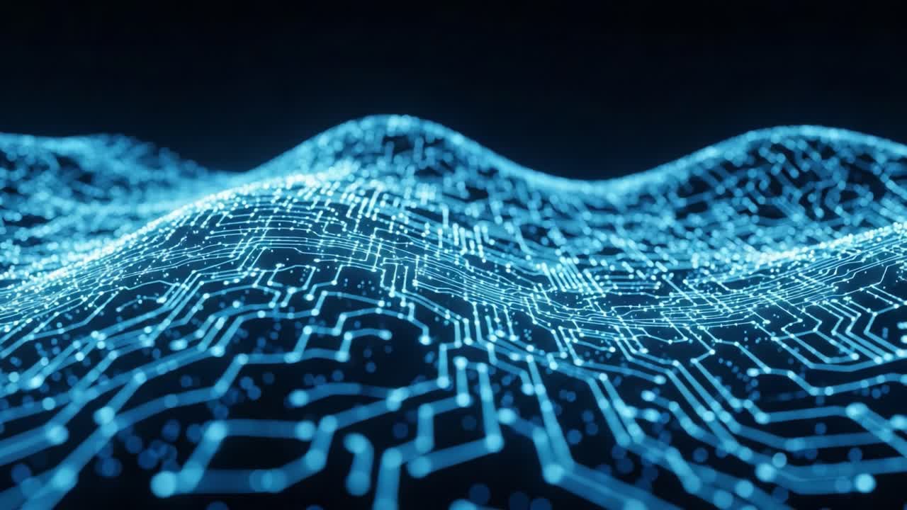A Stunning Visual Representation of Electronic Circuitry Forming Fluid Waves in a Digital Space, Highlighting the Connectivity and Complexity of Modern Technology