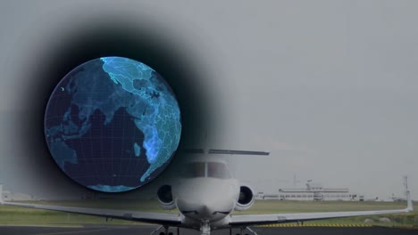 animation of globe over private jet plane on runway at airport