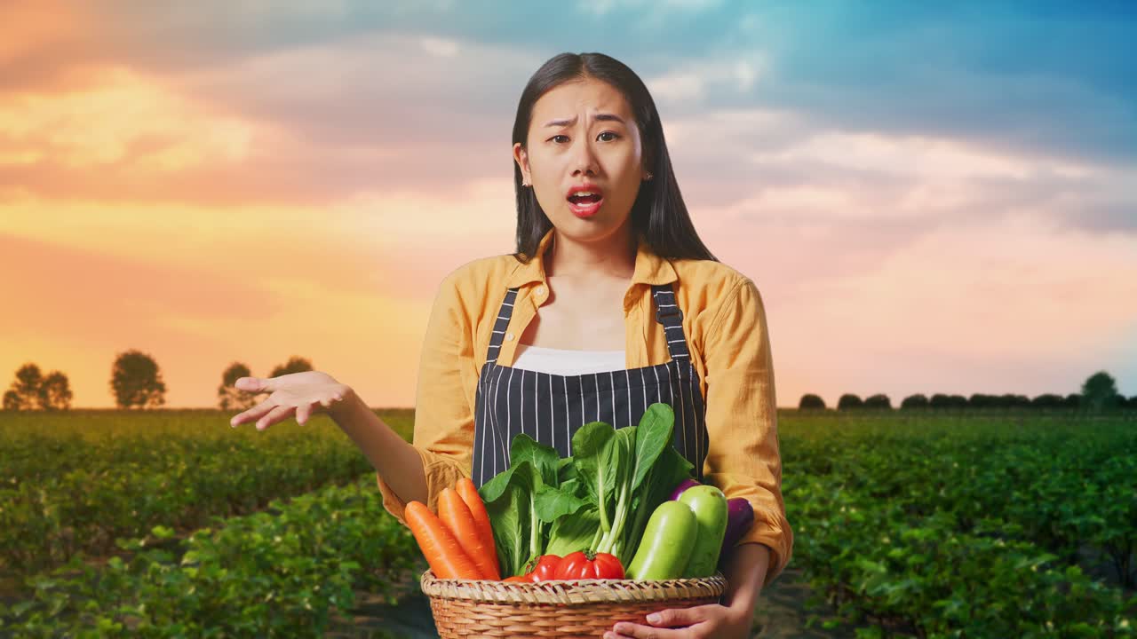 야채 바구니 를 들고 있는 아시아 여성 농부 는 당황 한 몸짓 을 하고  에 있는 것 을 말 하고 있다