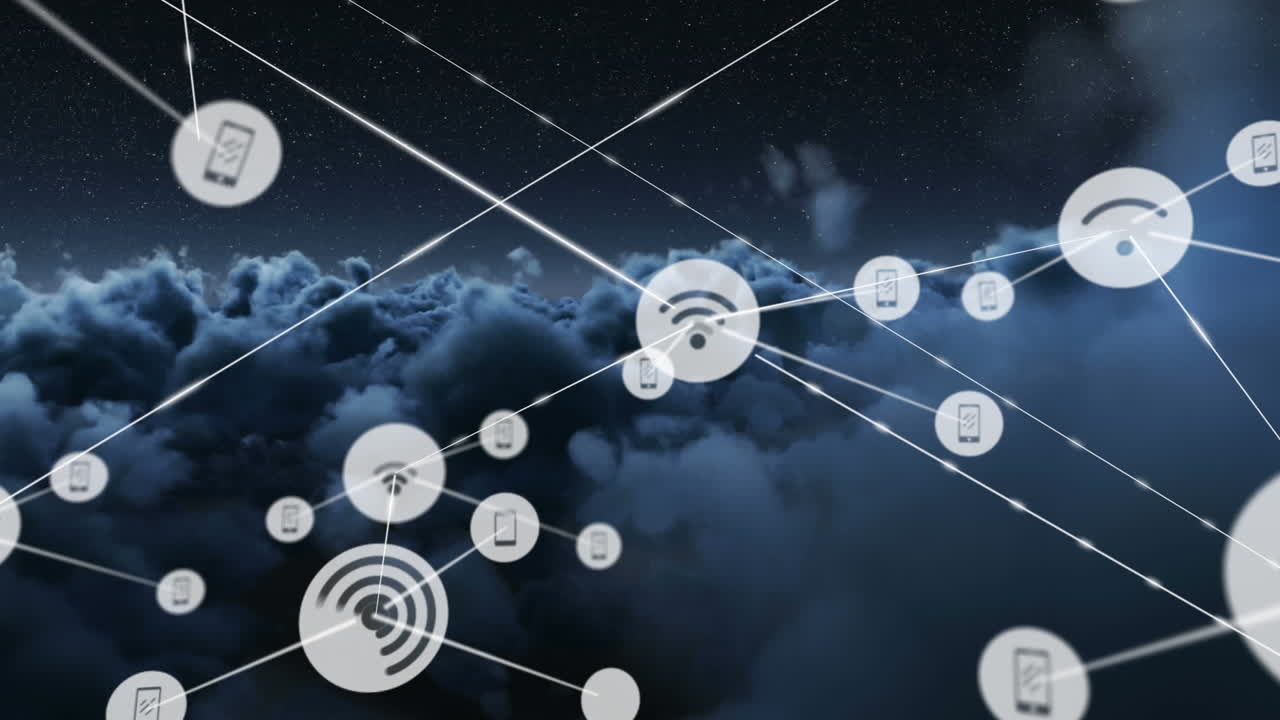 red de iconos digitales contra nubes oscuras en el cielo
