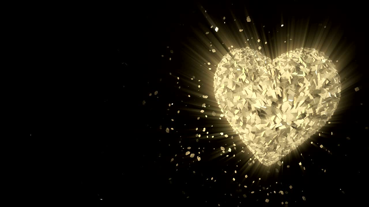 추상적인 루프 애니메이션 배경: 회전하는 빛나는 3d 황금 심장 모양의 조각과 골드 큐브가 산란한 조각으로 회전합니다.