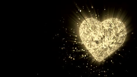 fondo animado en bucle abstracto: giratorio luminoso 3d corazón dorado formado piezas y cubos de oro girando con piezas perdidas. bucle sin costuras.