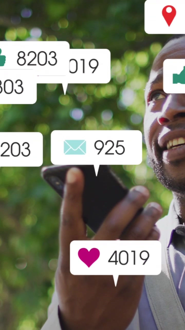 Animation of notification bars over african american man talking on speaker of cellphone