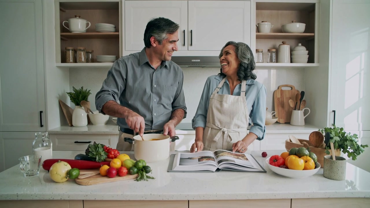 Stirring senior couple following cookbook to prepare meal at home kitchen island, man stirring pot