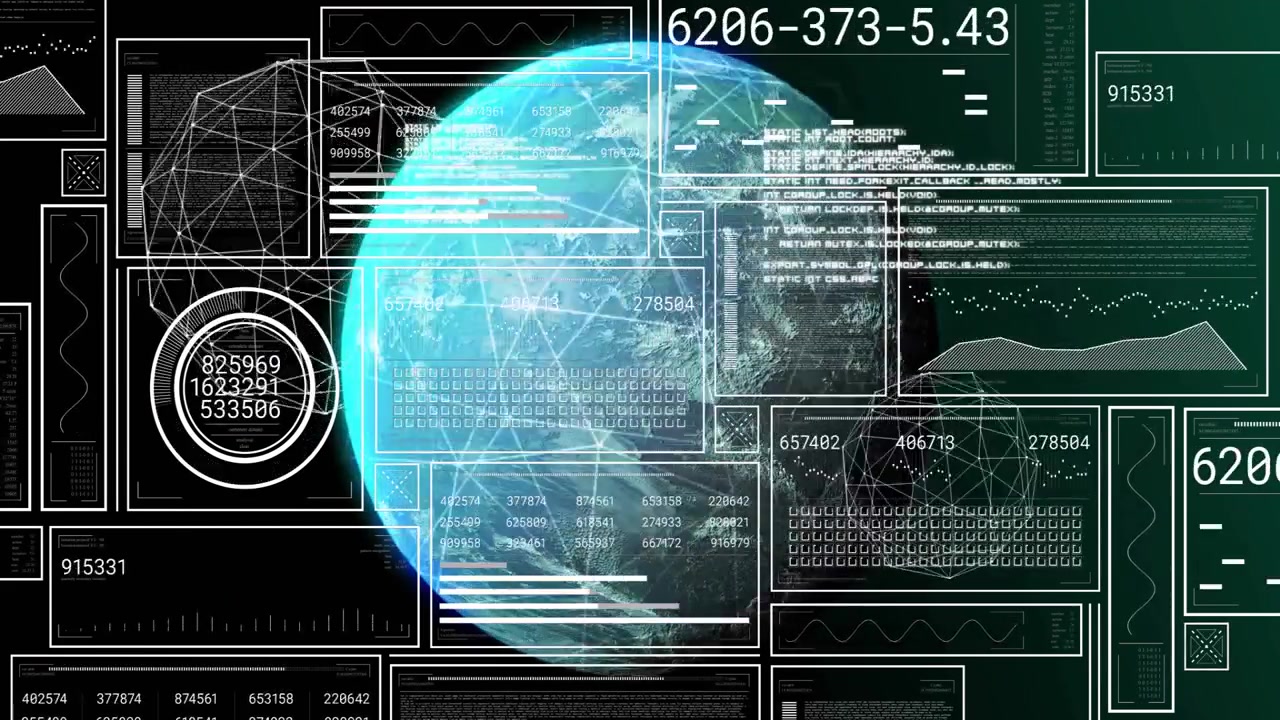 Digital Earth sphere appearing then rotating while dials and panels updating for global analytics