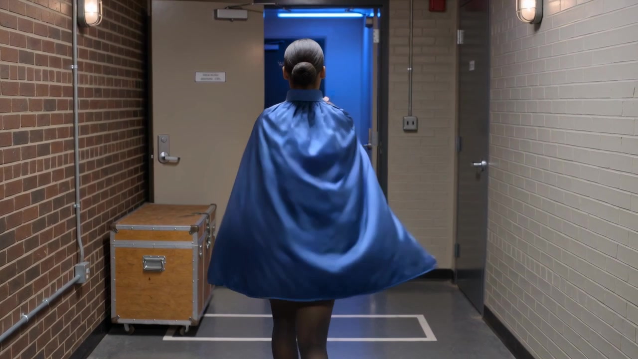 Donning blue cape, dancer adjusting as lit doorway pulling her to backstage case in leotard, tights