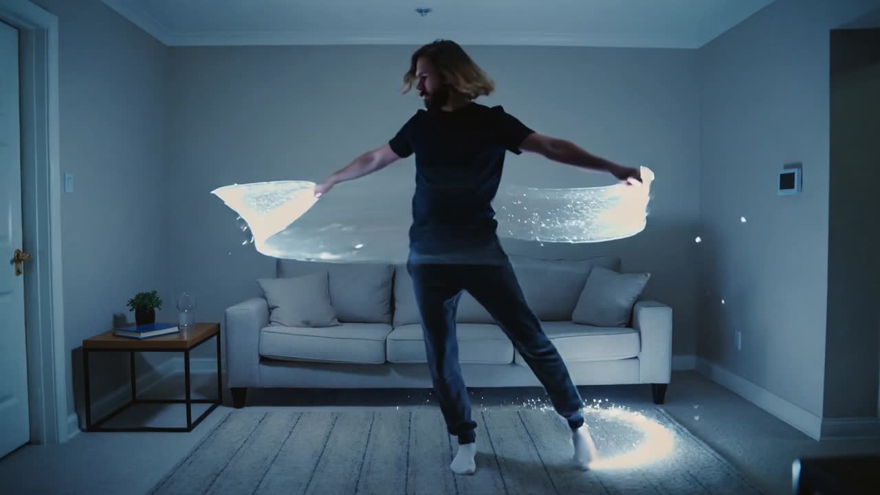 Spinning dancer in dark tee sweeping lights after appearing, creating marks by sofa in living room