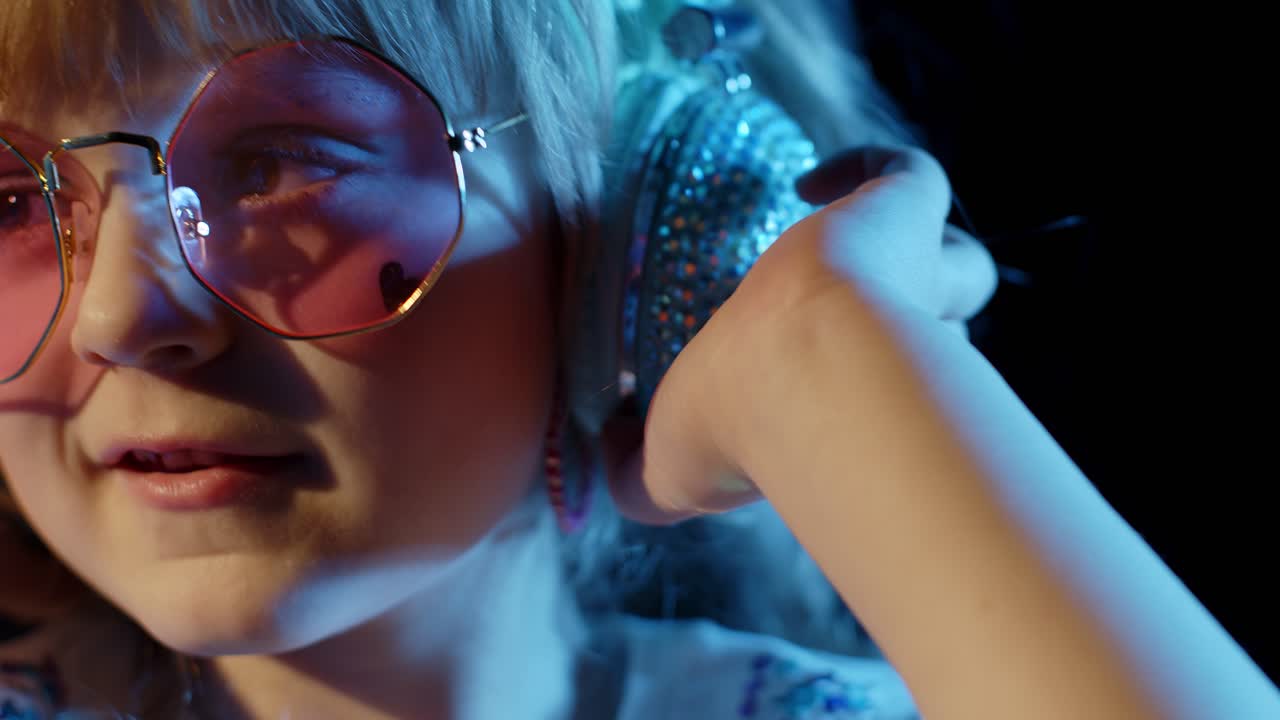 디스코 클럽에서 네온 빛에 미소 짓고 카메라를 보는 트렌디한 세련된 소녀의 초상화