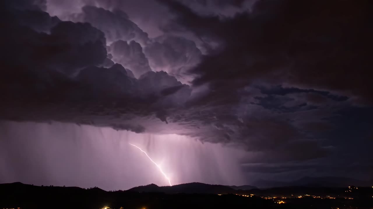 Video grandangolare drammatico di un temporale con fulmini sulle montagne, che cattura nuvole scure e vividi.