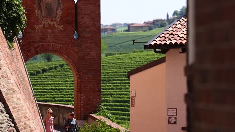 gente caminando cerca del viñedo y el arco histórico