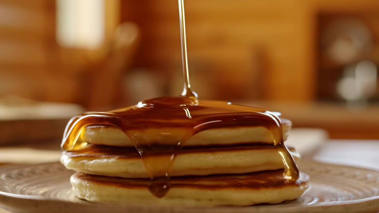 Golden Syrup Slowly Pouring Over Pancakes In Cozy Wooden Kitchen, Closeup Of Fluffy Stack On Plate, Glossy