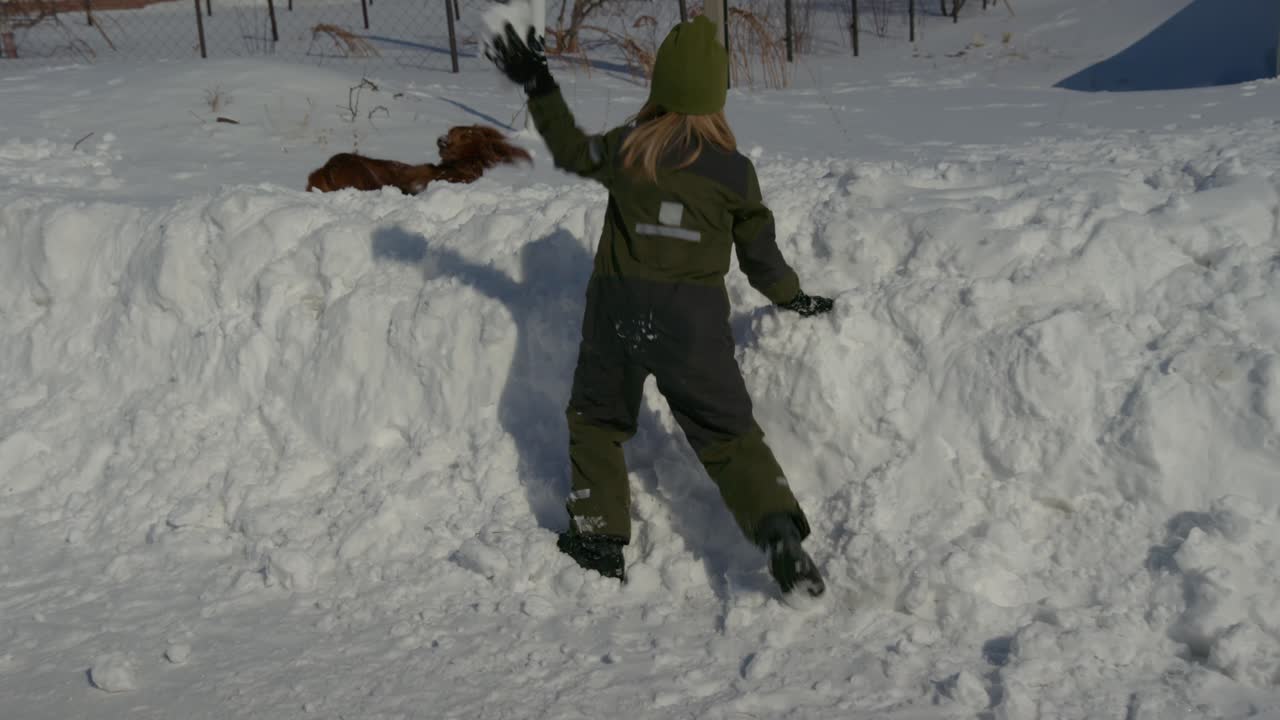Bambino e cane che giocano nella neve alta in una soleggiata giornata invernale.