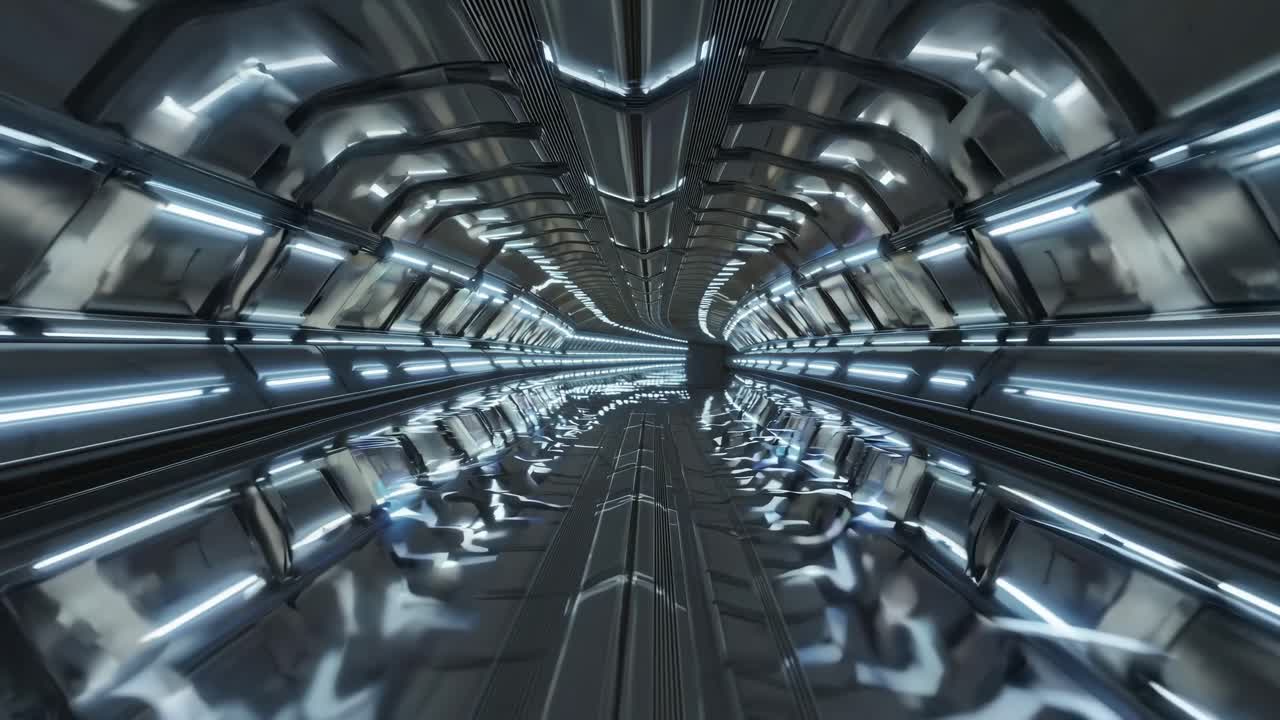 Futuristic tunnel with sleek metallic surfaces and glowing blue lights, showcasing a dynamic motion sequence through a high-tech corridor with reflective flooring