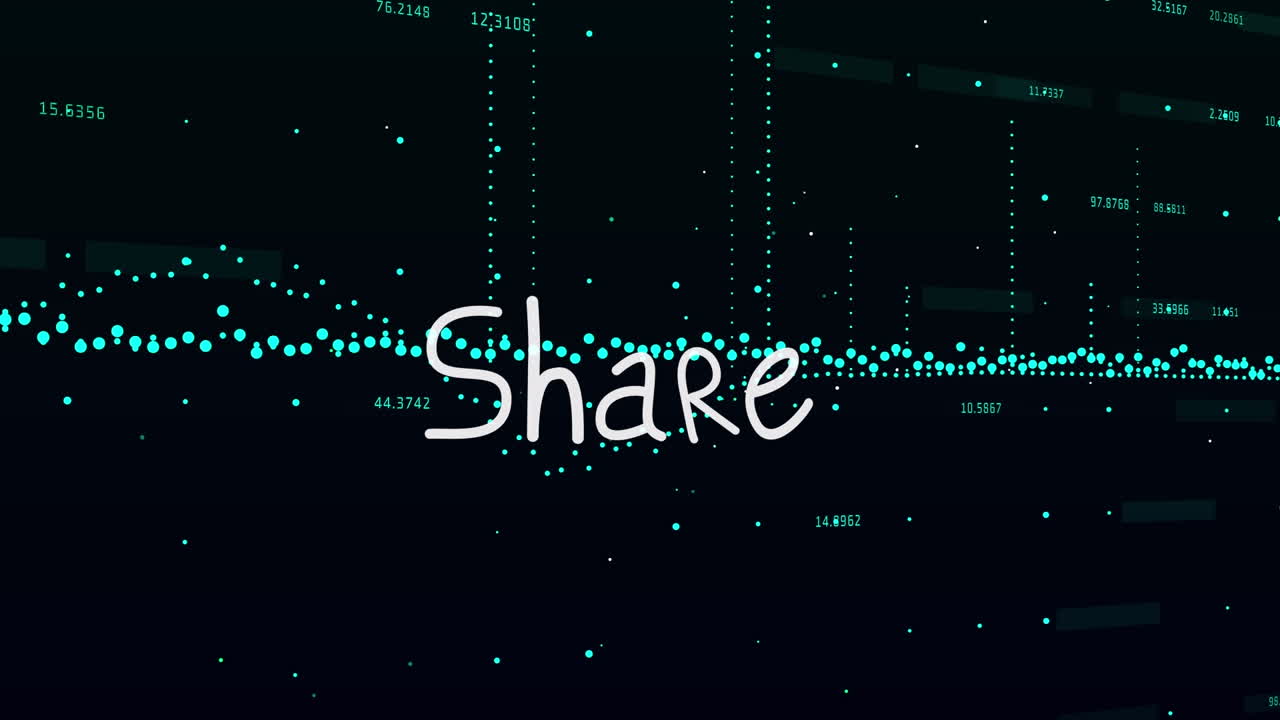 Animation of share text and data processing on black background