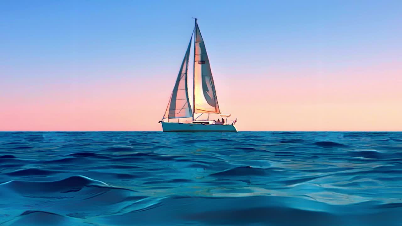 해가 지는 동안 항해하는 작은 요트 보트의 만화 애니메이션