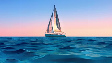 Cartoon-Animation-Eines-Kleinen-Yachtbootes,-Das-Bei-Sonnenuntergang-Segelt