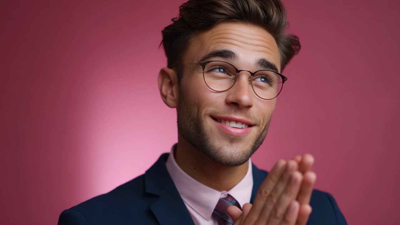Un jeune homme en costume, sûr de lui, exprime sa joie et son anticipation avec un sourire enjoué et un geste réfléchi sur un fond rose tendre