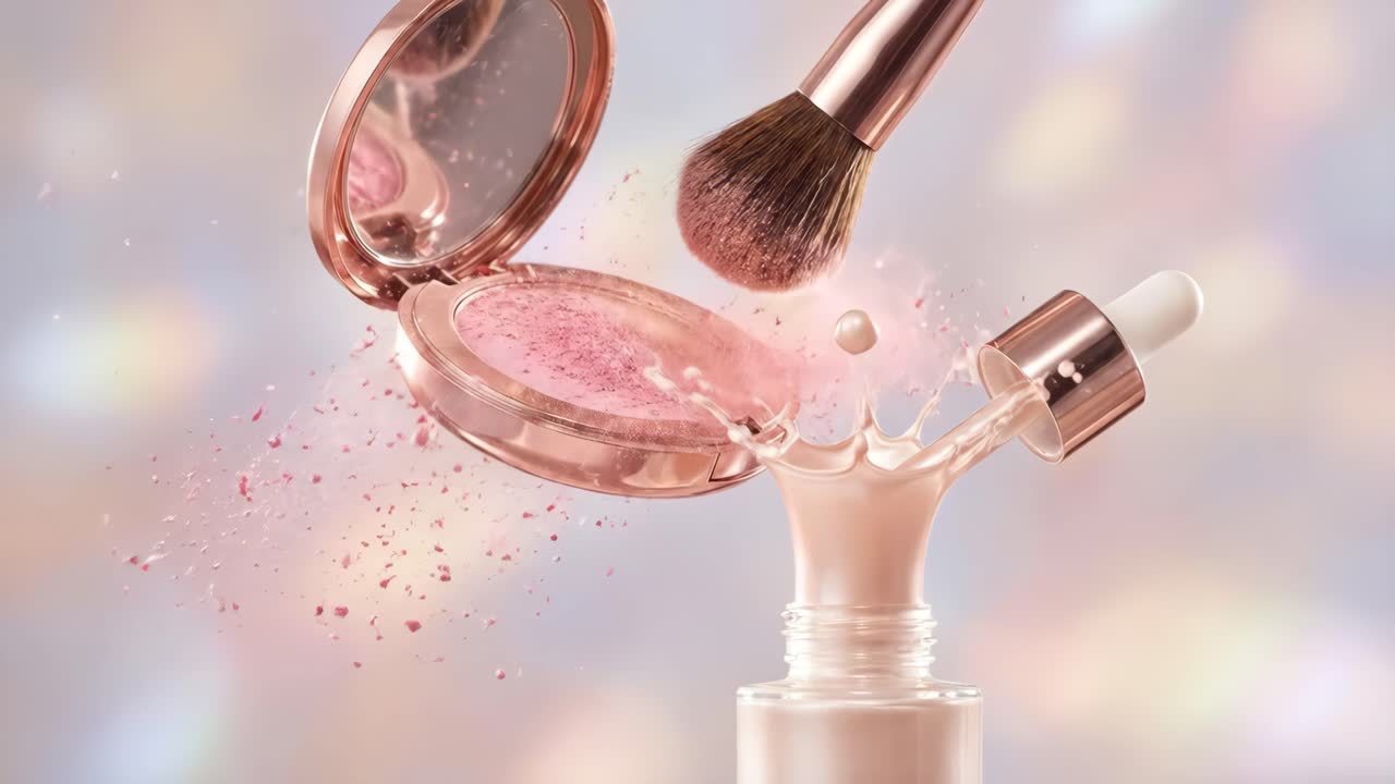 Dynamic Display of Makeup Products with Powder and Liquid Splashes