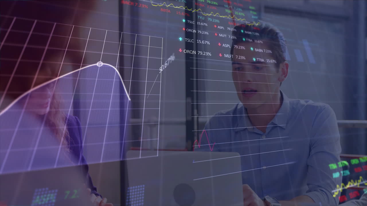 Animation of data processing and diagrams over diverse business people discussing work
