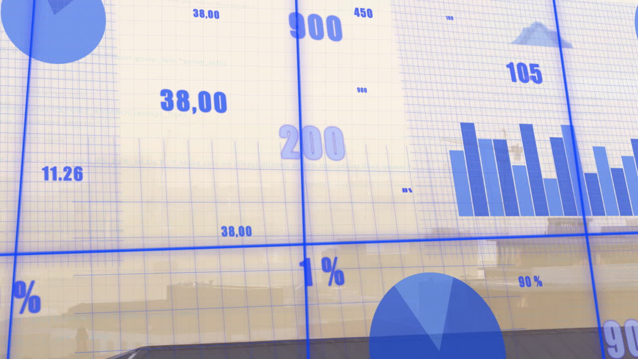 Displaying animation of financial data with blue graphs over cityscape background