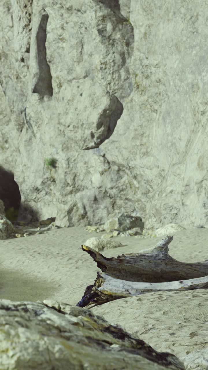 Serene coastal landscape with rocky cliffs and gentle waves at sunset