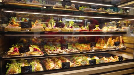 high quality local danish sandwich variety behind glass with price tags, denmark