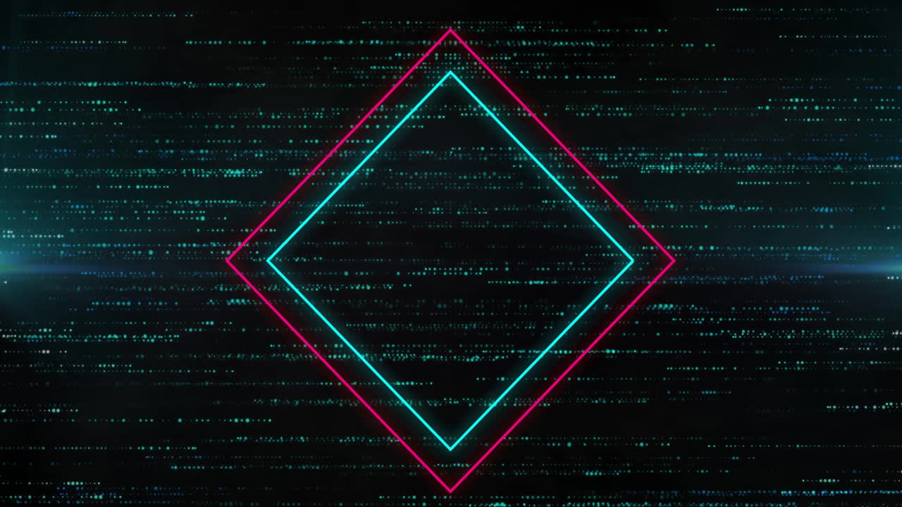 Glowing neon diamond shape with animation over digital glitch background in school