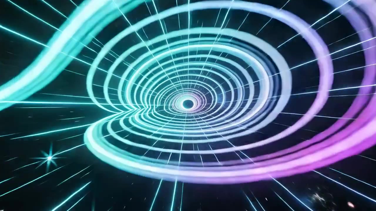 Camera moving from vanishing point, spiral rotating, stretching through stars, rings driving motion