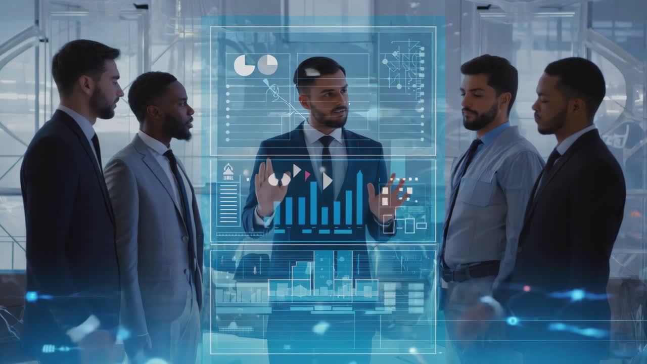 Business Professionals Interacting with Futuristic Digital Data Interface