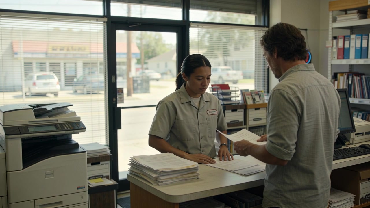 Customer handing papers for copying, clerk in uniform sorting and returning pages at copier