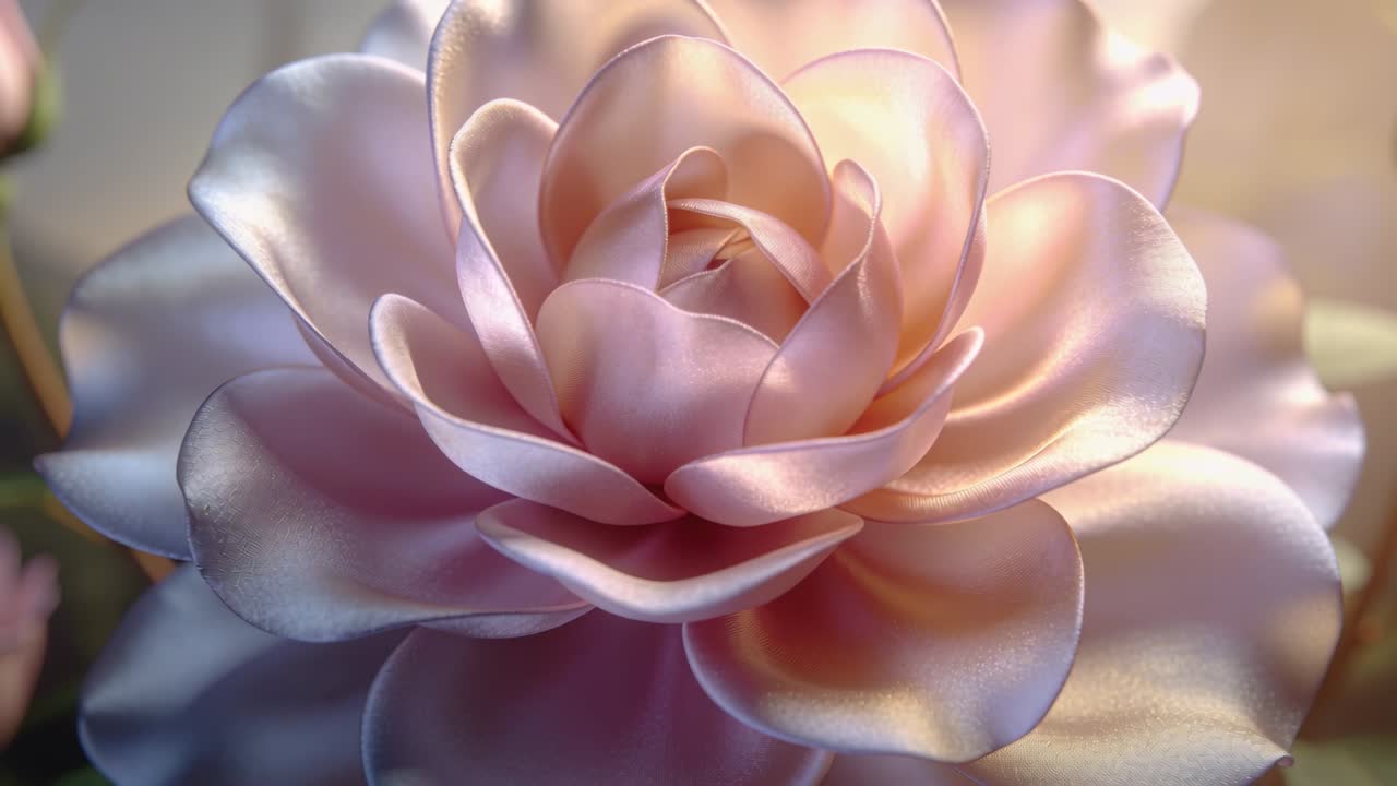 Camera pulling back, pink bloom revealing layered petals and buds, showing texture for design
