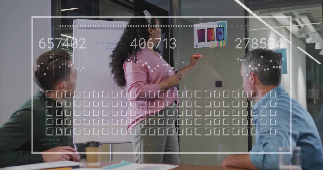 Businesswoman Presenting Data and Strategy to Colleagues in Modern Office