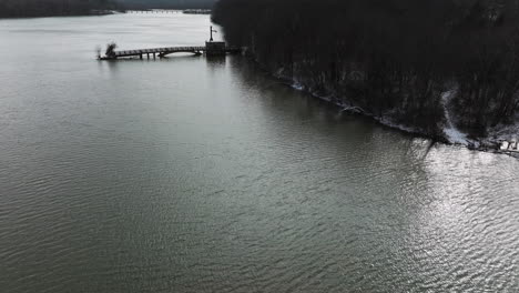 flying over lake sequoyah during winter in arkansas, usa - drone shot