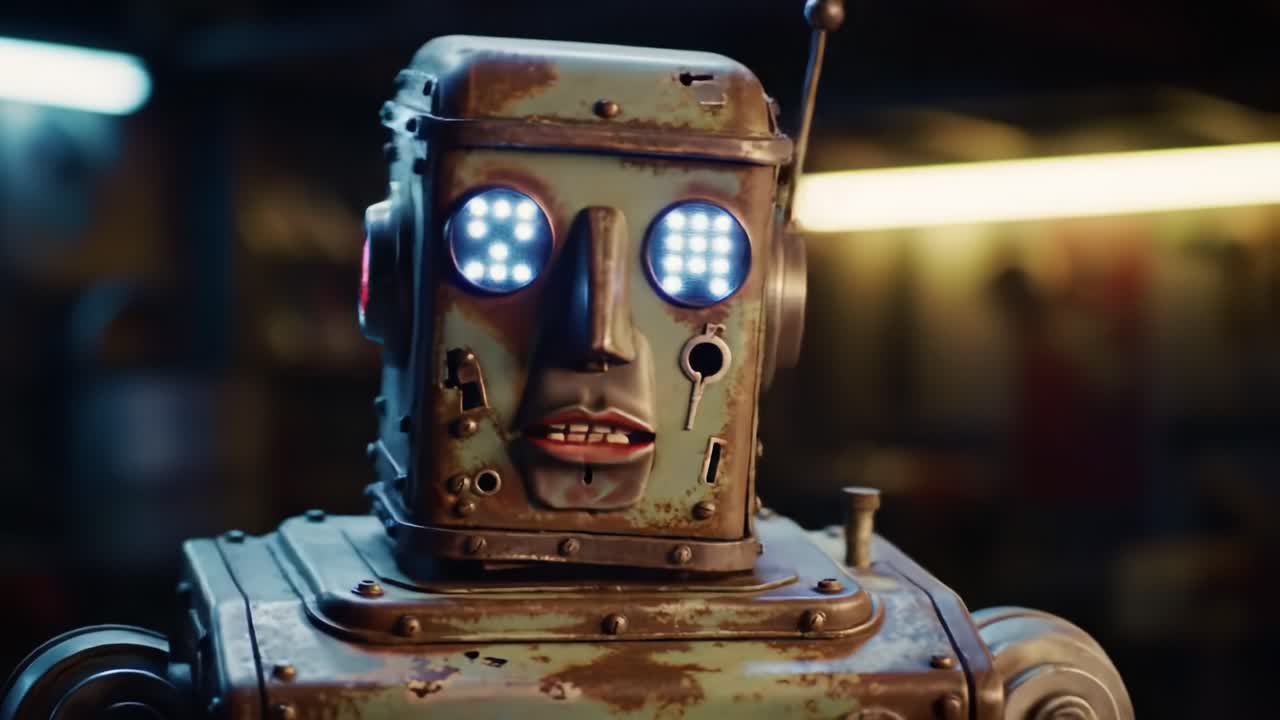 A vintage robotic figure with illuminated blue eyes stands prominently in a dimly lit workshop, showcasing intricate details and an expressive face that captures the essence of retro robotics