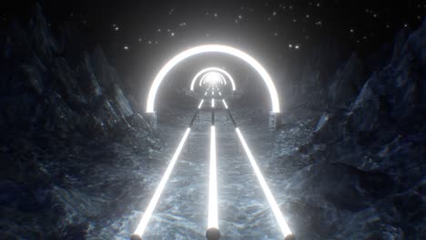 volar en un túnel de luz de neón abstracto en la superficie de un planeta alienígena de ciencia ficción - animación de fondo de movimiento de bucle sin fisuras de 4k