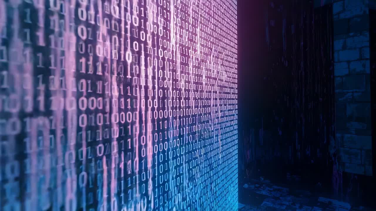 Camera starting panning across neon code wall into brick corridor revealing wet floor reflections