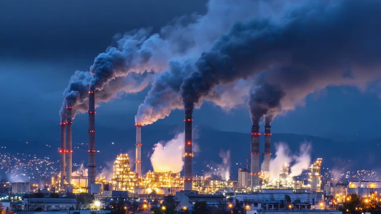 Illuminated Industrial Landscape: A Nighttime View of a Power Plant with Emitting Smoke and Active Facilities Highlighted Against a Darkened Sky