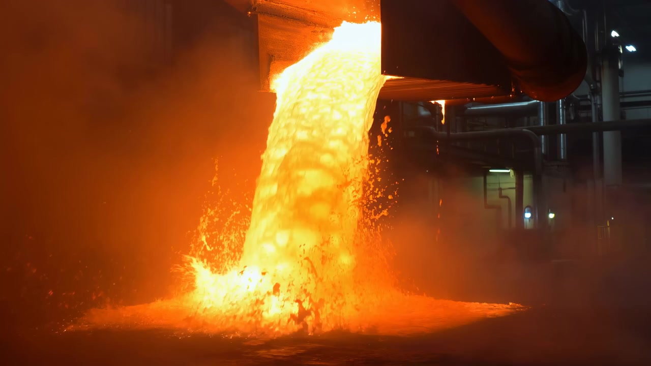 Glowing liquid metal flows continuously from a large dark chute, splashing into an illuminated pool as small sparks scatter and orange haze rises around industrial equipment.