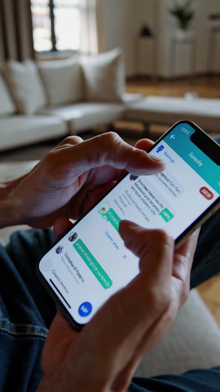 Close-up of hands using a smartphone in a living room